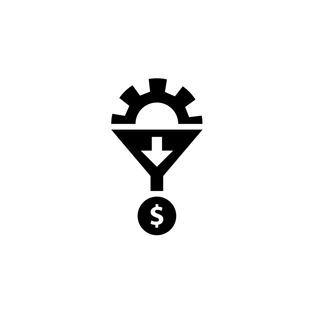 A mix icon of a funnel gear poiting to a dollar sign